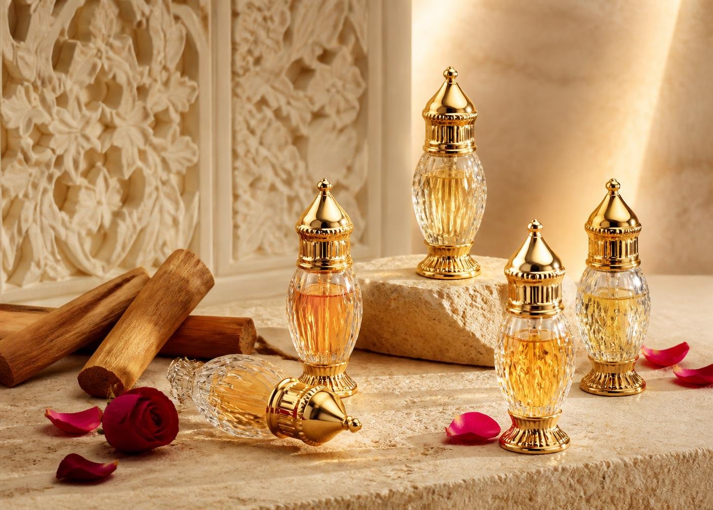 Casa de Scenteur heritage attar bottles on carved cream stone