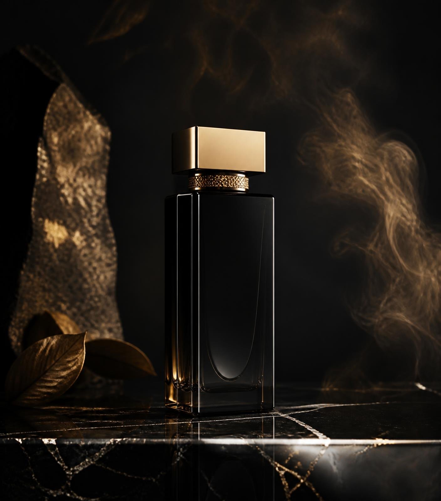 Casa de Scenteur black and gold luxury perfume bottle on black marble