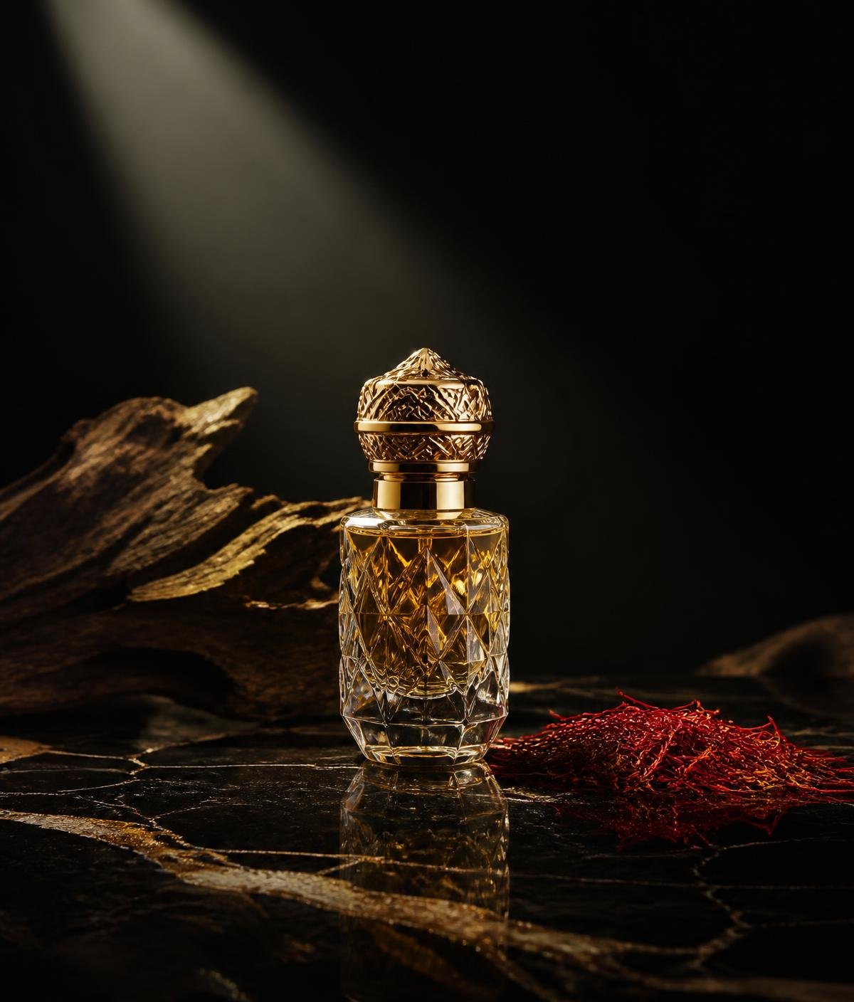 Royal Oud 20ml attar in a faceted crystal bottle with gold cap